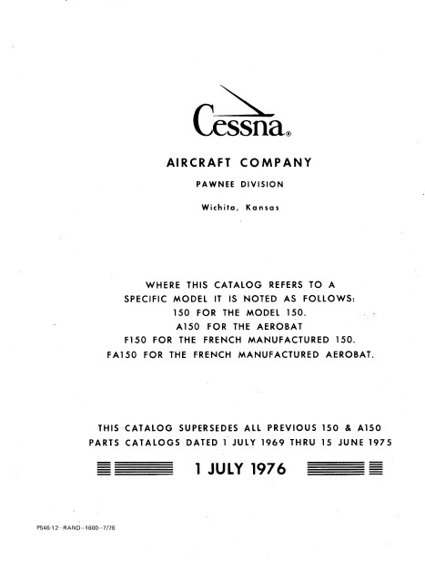 Cessna 150, A150, F150, FA150 1970-1977 Parts Catalog 1976