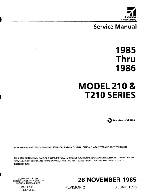 Cessna 1985 thru 1986 Model 210 & T210 Series Service Manual D2073-2-13