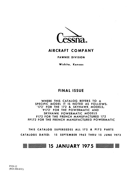 Cessna MODEL 172 SERIES PARTS CATALOG (1963 THRU 1974) P529-12