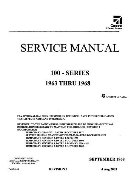Cessna Model 100 Series D637-1-13 Service Manual 1963 – 2003.2
