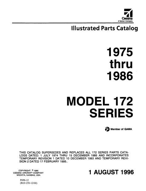 Cessna Model 172 Series Illustrated Parts Catalog 1975 Thru 1986 P696-12
