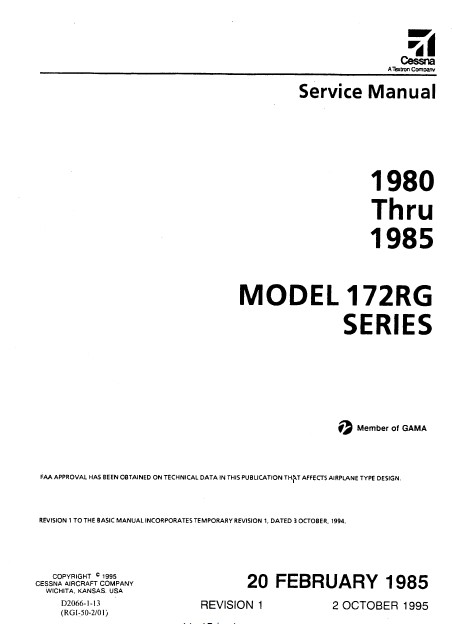 Cessna Model 172RG Series 1980 thru 1985 Service Manual D2066-1-13