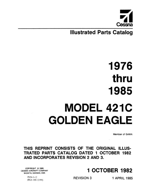 Cessna Model 421C Golden Eagle Illustrated Parts Catalog (1976 Thru 1985) P654-3-12