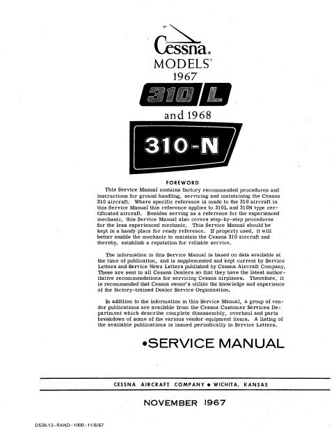 Cessna Models 310L and 310N 1967 thru 1968 Service Manual D526-13
